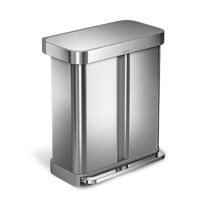 58 litre, rectangular dual compartment pedal bin with liner pocket